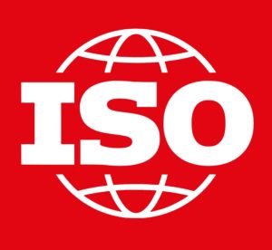 Logo branco da ISO com fundo vermelho
